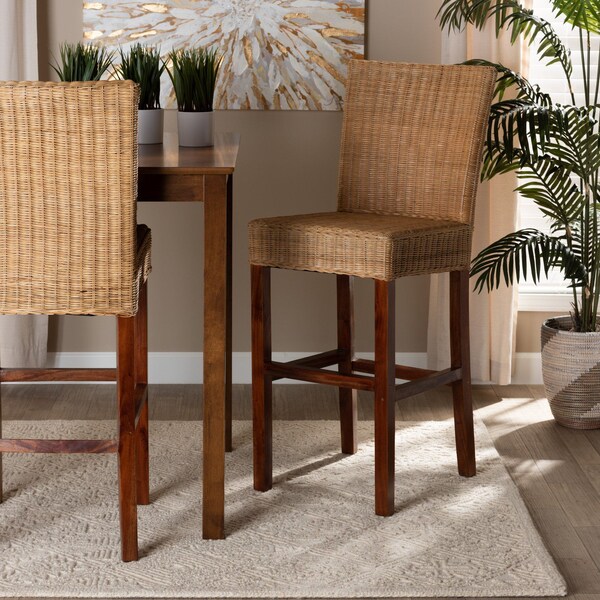 Baxton Studio Racquel Modern Bohemian Natural Rattan and Mahogany Wood Bar Stool 217-12735-ZORO - main